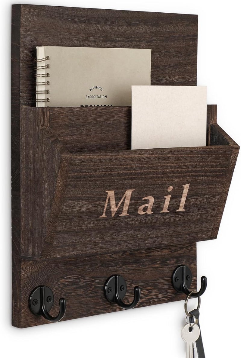 Lucundm Mail and Key Holder - Decorative 9.8" x 12.5" Wall Key Hanger with 2 Mail Organizer Slots and 3 Hooks - Real Paulownia Wood with Keyhole Brackets, Hardware and Instructions (Brown) - Image 1